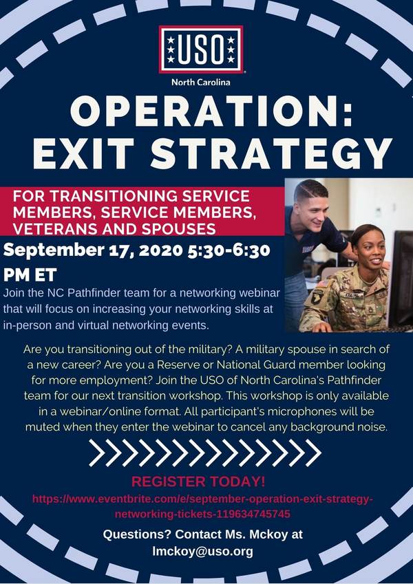 USOofNC's tweet photo. Join the USO’s NC Pathfinder Transition team for a one hour networking webinar. Learn about networking in-person and through virtual means. #usoofnc #transitionprogram 
https://t.co/RhIx0drrlk https://t.co/VthKxfirRZ