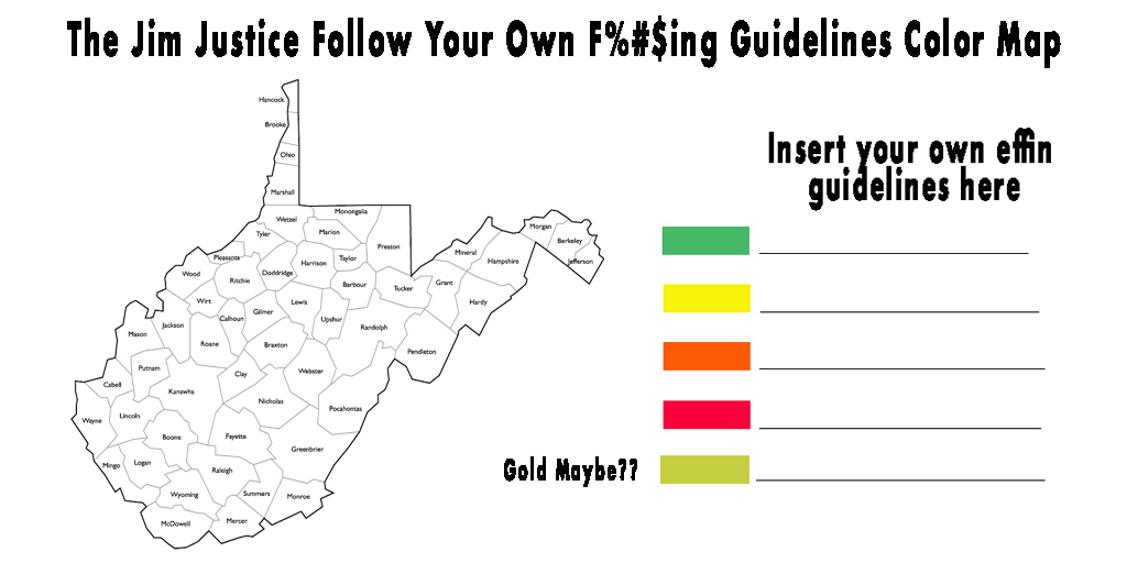 wv_first's tweet photo. If you are as confused as we are, then here's your JJ Blankety Blank (actually blank) 55 County State Map.  Color it in to suit your fall schedule just like Jim Justice.  
Use the code SUMMER10 at https://t.co/3fWECCbCps and 10% off. Free Shipping on orders over $50. https://t.co/xfK8KSYVx9