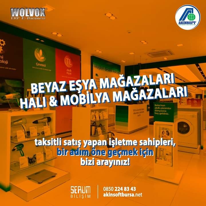 Beyaz Eşya, Halı, Mobilya, Züccaciye ve Taksitle Satış Yapan İşletme Sahipleri Bir Adım Öne Geçmek İçin Bizi Arayın.. 
Bilgi İçin: 0850 224 83 43 akinsoftbursa.net - serumbilisim.com
#akinsoft  #beyazesya #hali #mobilya #elektronik #zuccaciye #taksitlisatis #taksit