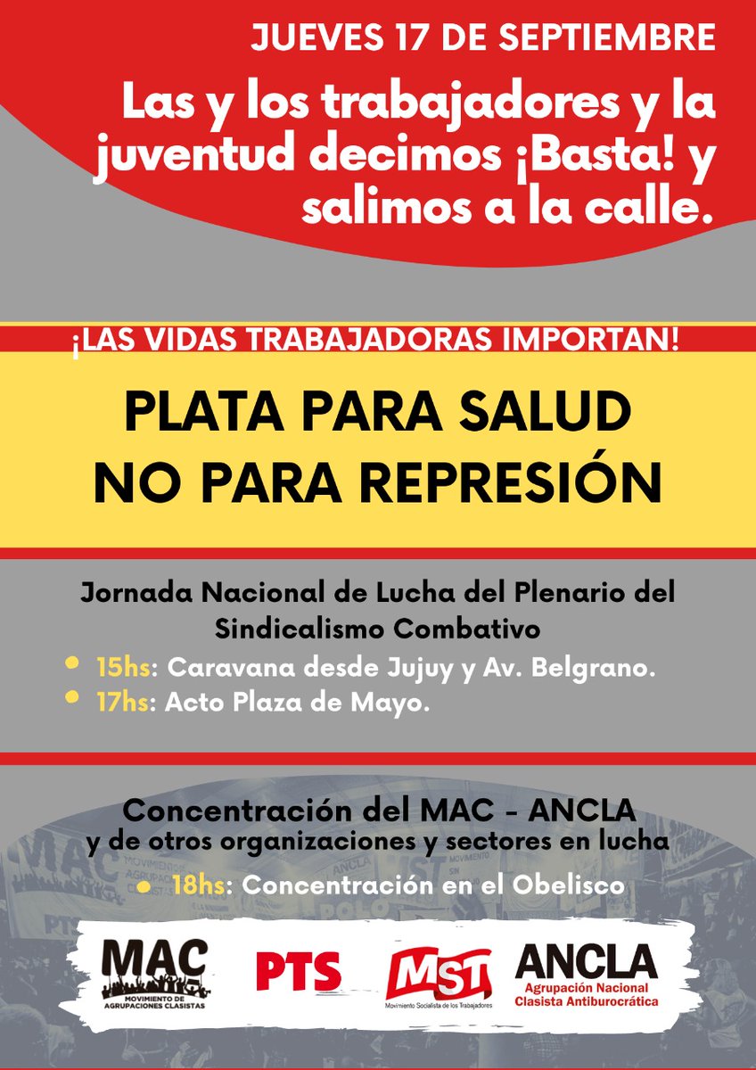 PTSarg's tweet photo. Jueves 17/9 📌 Jornada de lucha en Buenos Aires y varios puntos del país convocada por el Plenario sindical combativo. 
🚩Motivos y urgencia sobran: desde las 15, caravana de Av. Belgrano y Jujuy hasta Plaza de Mayo, donde habrá un acto.

https://t.co/Fi7bU5XaZk https://t.co/7DhmDM8aX0