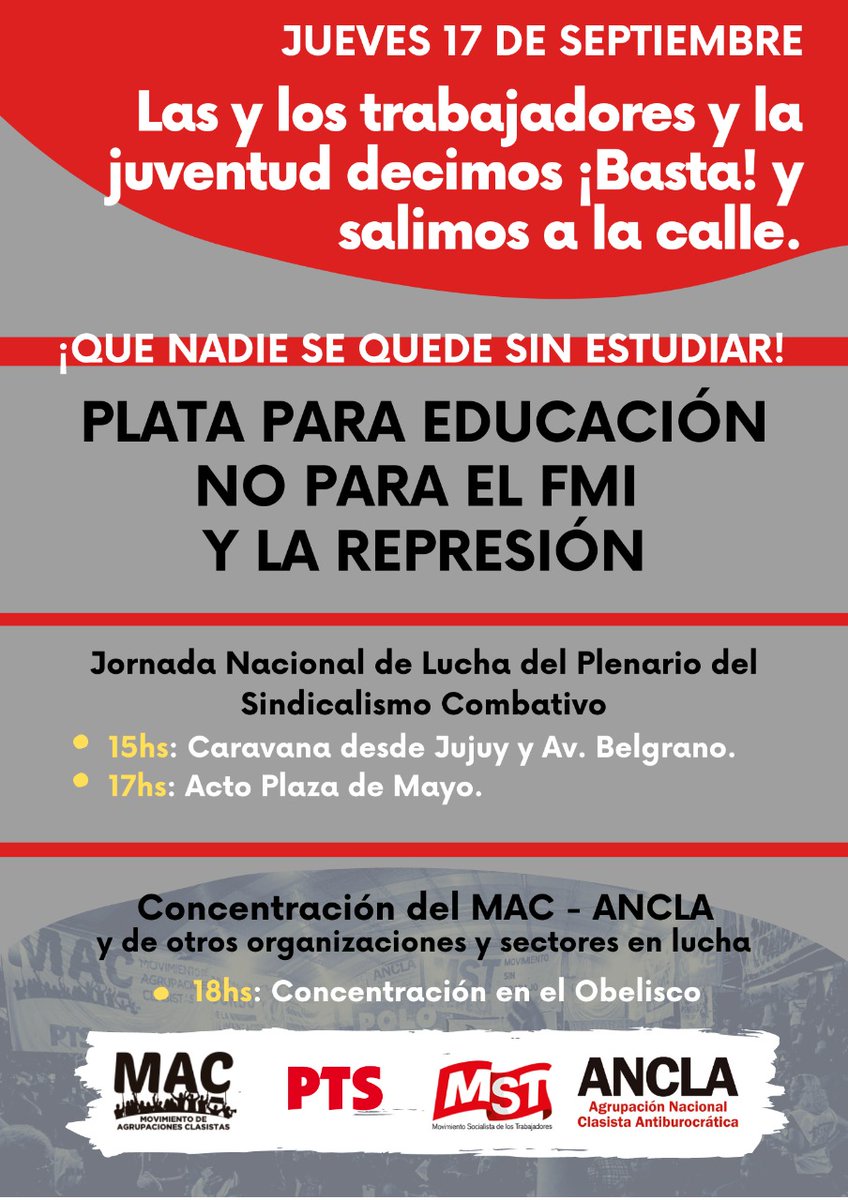 PTSarg's tweet photo. Jueves 17/9 📌 Jornada de lucha en Buenos Aires y varios puntos del país convocada por el Plenario sindical combativo. 
🚩Motivos y urgencia sobran: desde las 15, caravana de Av. Belgrano y Jujuy hasta Plaza de Mayo, donde habrá un acto.

https://t.co/Fi7bU5XaZk https://t.co/7DhmDM8aX0