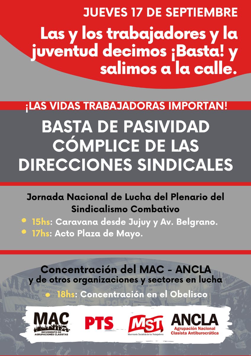 Jueves 17/9 📌 Jornada de lucha en Buenos Aires y varios puntos del país convocada por el Plenario sindical combativo. 
🚩Motivos y urgencia sobran: desde las 15, caravana de Av. Belgrano y Jujuy hasta Plaza de Mayo, donde habrá un acto.

bit.ly/32rHCHL