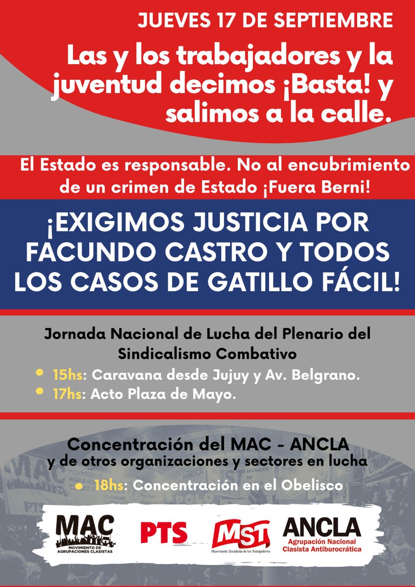 PTSarg's tweet photo. Jueves 17/9 📌 Jornada de lucha en Buenos Aires y varios puntos del país convocada por el Plenario sindical combativo. 
🚩Motivos y urgencia sobran: desde las 15, caravana de Av. Belgrano y Jujuy hasta Plaza de Mayo, donde habrá un acto.

https://t.co/Fi7bU5XaZk https://t.co/7DhmDM8aX0
