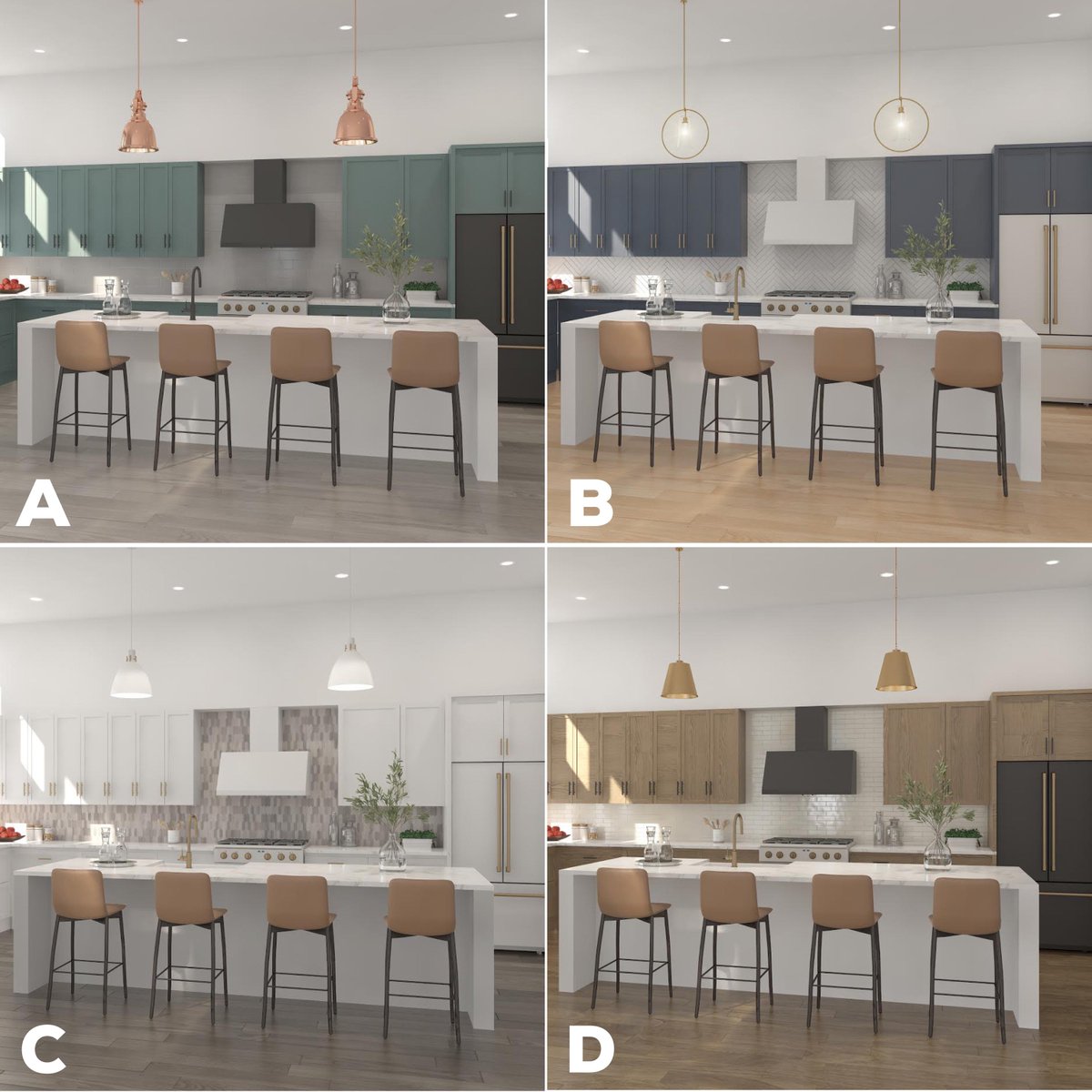 myHouseby's tweet photo. All 4 are stunning, but we're curious—which set of kitchen finishes would you pick? We love seeing this gorgeous #CumbyGroup #Westline space come to life in #3D &amp; #VR; you can do the same by taking a virtual home tour at https://t.co/qHJ9ICTPWu &amp; customizing each room as you go. https://t.co/dfhhhwvhvm
