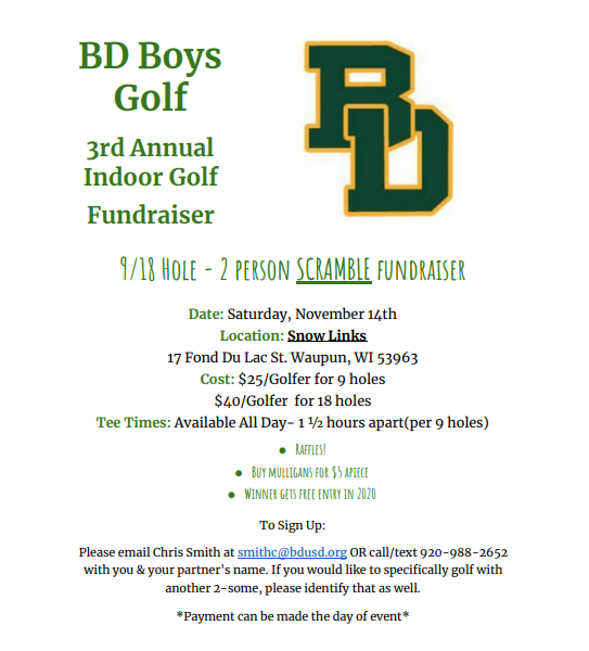 GolfBdBoys's tweet photo. It's that time again for our 3rd annual Indoor Golf Scramble with proceeds going to support the BD Boys Golf Team! Please let me know if you would like to join this great event!! #BDBoysGolf https://t.co/rKMkM5yCp5