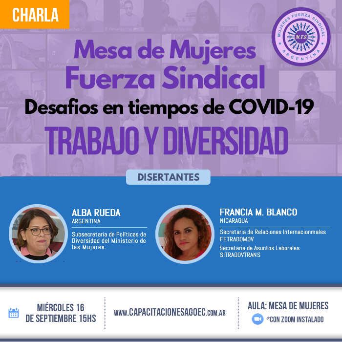 mfuerzasindical's tweet photo. Desafios en Tiempo de Covid “Trabajo y Diversidad" Conversatorio con Alba Rueda y Francia M. Blanco 16/9 15,00 hs Plataforma zoom AGOEC. #ConstruímosConIdentidad #MasMujeres #MejorSindicalismo https://t.co/iWkXnvtfYV