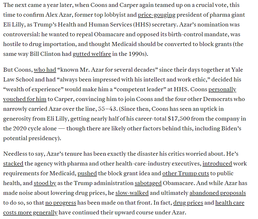 Under Trump, Coons played a leading role in killing Amy Klobuchar & Bernie Sanders' attempt to allow importation of cheaper drugs, + confirming Trump's pharma executive HHS secretary.