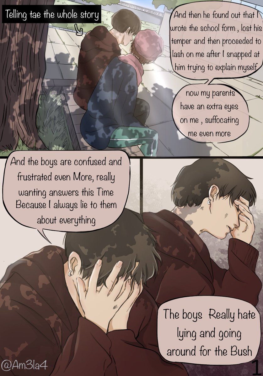 Am3la4's tweet photo. READ FROM LEFT TO RIGHT~ 
This is episode 9, this one challenged me with the posses and colouring , but I guess it turned out good 

I wanna cry because I finally finished it 🥺🥺, hope you like it please love and support it💜

#vkook #kookv #taekook #btsfanarts #comics #bts #au https://t.co/mWDQ6lM4JM