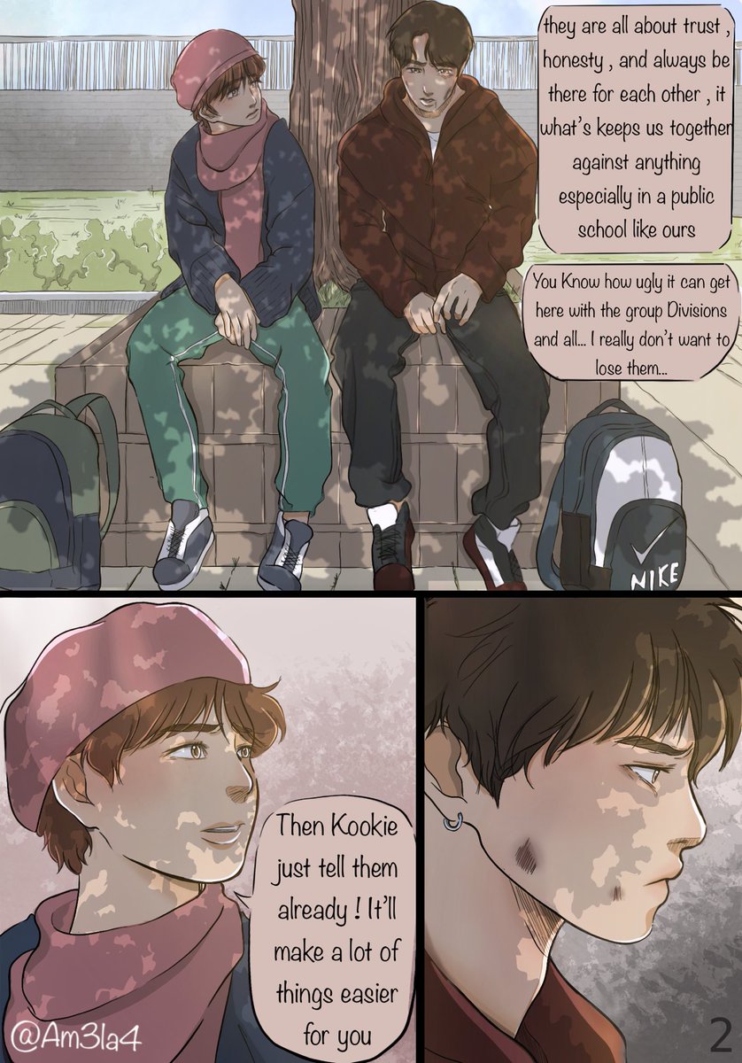 Am3la4's tweet photo. READ FROM LEFT TO RIGHT~ 
This is episode 9, this one challenged me with the posses and colouring , but I guess it turned out good 

I wanna cry because I finally finished it 🥺🥺, hope you like it please love and support it💜

#vkook #kookv #taekook #btsfanarts #comics #bts #au https://t.co/mWDQ6lM4JM