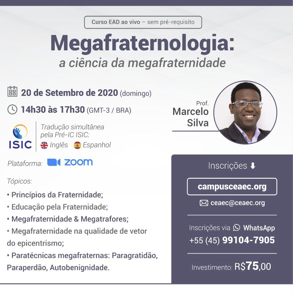portalcons's tweet photo. O prof. Marcelo Silva convida a todos para participar do curso que irá ministrar: MEGAFRATERNOLOGIA: a Ciência da Megafraternidade.

🗓 Será dia 20 de setembro, às 14h30, totalmente online. Para inscrever-se acesse:
https://t.co/zMPHRnd6EB https://t.co/9sPTChIPgu