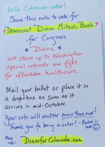GailWaldby's tweet photo. #StopQAnon 
Join us writing #PostcardsToVoters. We're writing for Diane Mitsch Bush @RepDMB in Colorado House District 03, who is running against a QAnon.

Text Join to 484-275-2229 or email Join@TonyTheDemocrat.org https://t.co/DV4kfd1RbV