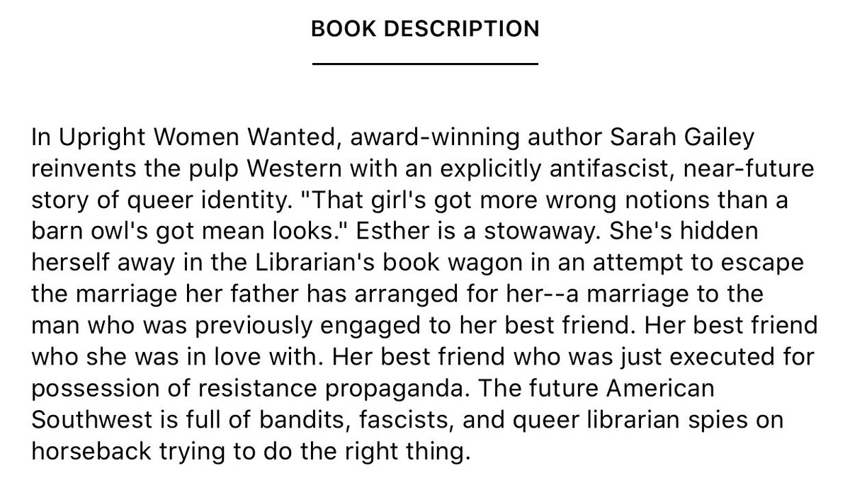 UPRIGHT WOMEN WANTED by Sarah Gailey  https://www.goodreads.com/book/show/45320365
