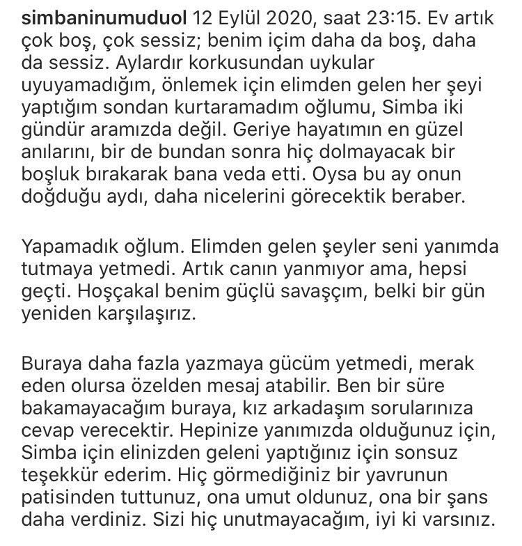 SimbaninUmuduOl's tweet photo. (TR/ENG)
Herkese merhaba. Bu üzücü haberi verdiğimiz için gerçekten çok üzgünüm. Simba’yı kaybettik.

Hi everybody. I’m very very sorry to inform you about this devastating news. We lost Simba. https://t.co/kdvnQ4IyXb