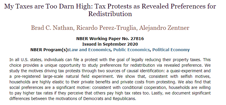 Experimental and quasi-experimental methods to study the decision to protest property taxes, from Brad C. Nathan, <a href="/pereztruglia/">Ricardo Perez-Truglia</a>, and Alejandro Zentner
nber.org/papers/w27816