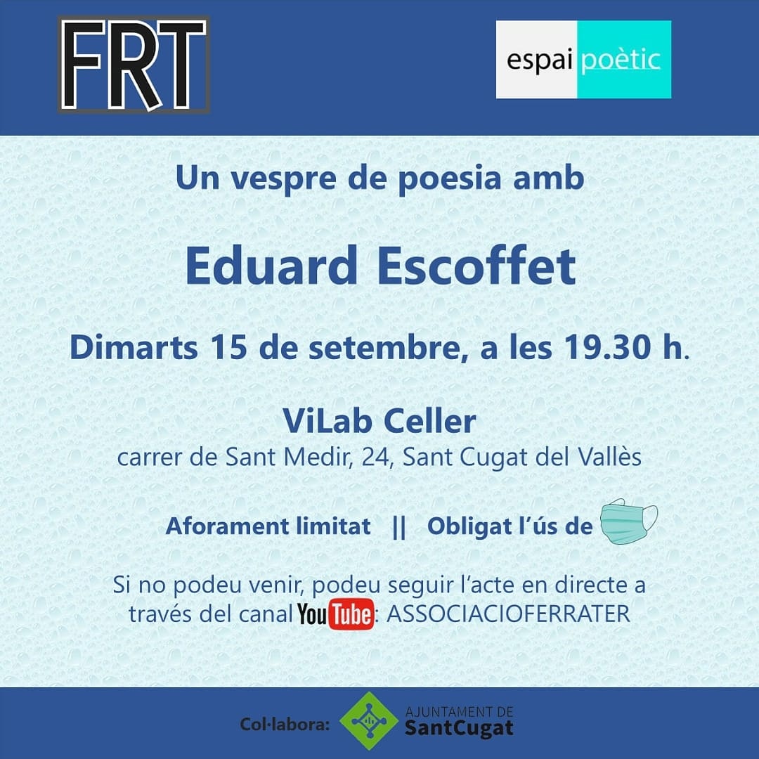 Us esperem al directe de l'Espai Poètic amb l'Eduard Escoffet.
Aquest és l'enllaç:
 youtube.com/watch?v=j4DPYT…

<a href="/EstherMadrona/">Esther Madrona Grases</a> <a href="/escoffet/">eduard escoffet</a> <a href="/omniumstc/">Òmnium Sant Cugat</a> <a href="/LaBreuEdicions/">LaBreu Edicions</a> <a href="/lletres/">Lletres catalanes</a>