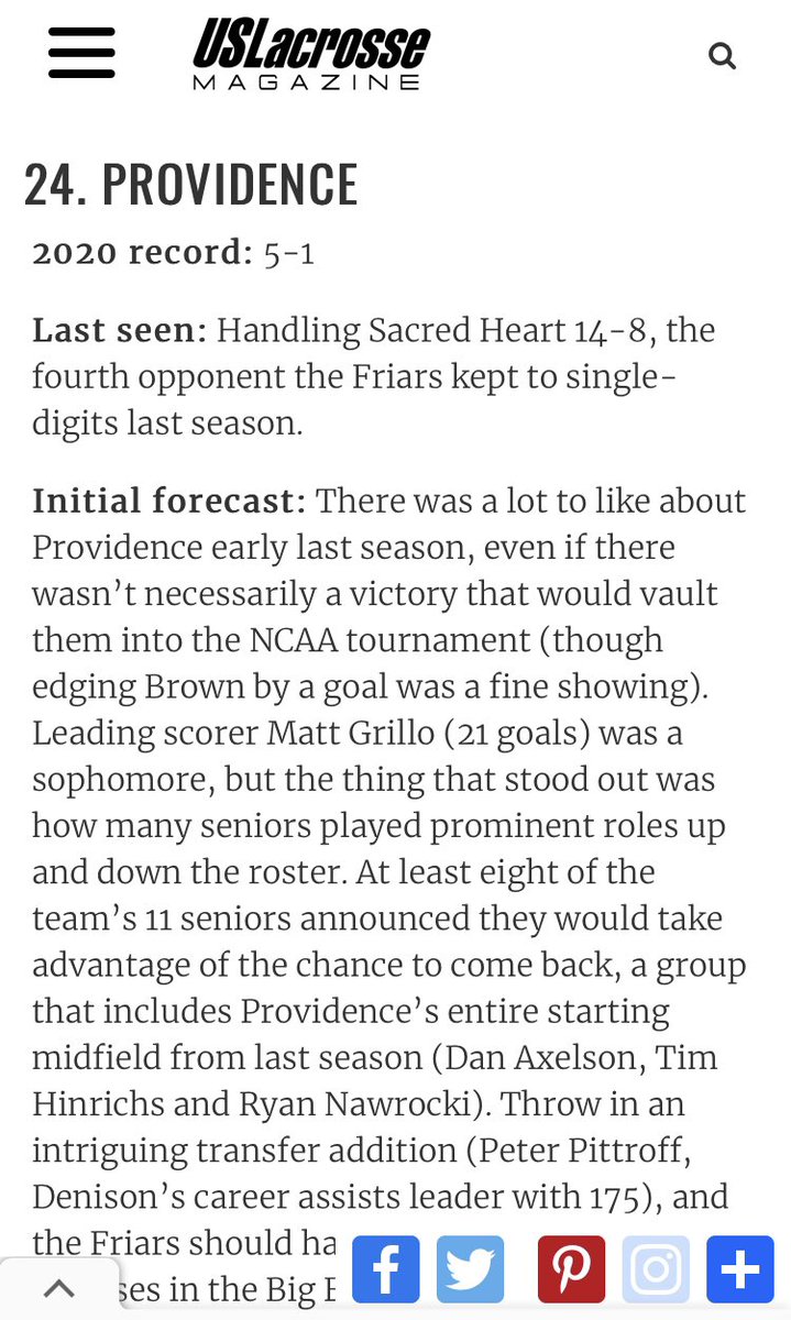 PCFriarsLax's tweet photo. Friars getting love in @USLacrosseMag way too early top 25 poll, coming in at 24. Last year is over, and this year is a whole new season. Starting from scratch and working to build the foundation. #GoFriars #PCWayEveryday #EverydayisGameday #Friartown https://t.co/RKL6UXH9Qf