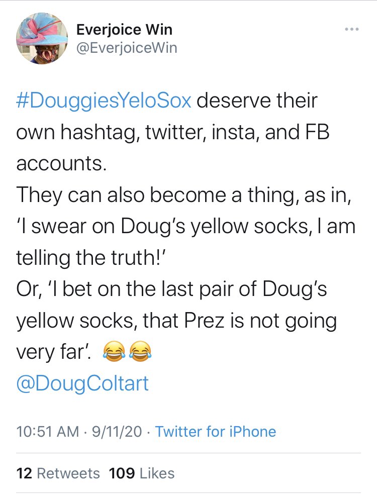DouggiesYeloSox's tweet photo. Helo Twitter,

We are #DouggiesYeloSox. We are new here. 

You might have seen us before here: https://t.co/3QGgIDnCrb 

By popular demand, we have decided to launch a solo career! Thanks to @EverjoiceWin and all of you for the encouragement. 🙌🏽

Please follow us. https://t.co/R2jZLufNFY