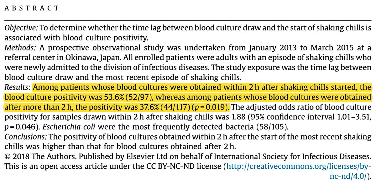 11/While rigors occur closer to bacteremia than fever (and therefore better predict positive cultures), there is still a delay. They're not perfect.But, if you obtain blood cultures within 2 hours of rigors there is increased likelihood of positivity. https://pubmed.ncbi.nlm.nih.gov/30059771/ 