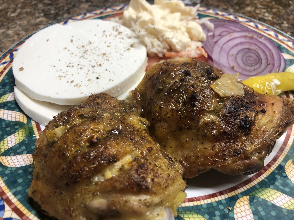 Averyslondon's tweet photo. #ChickenThighs marinated in Soy with Garlic Ginger & Chilli served with Tomato Coleslaw Red Onion & Stuffed Peppers & #Manouri Cheese @TheCat_Max @Averyslondon https://t.co/Hcd9grQgKx
