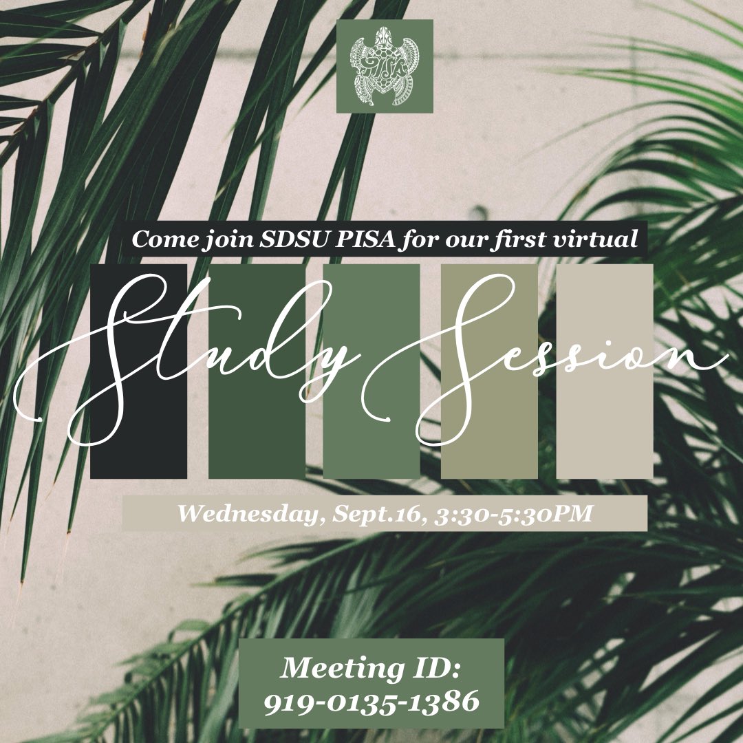 pisa_sdsu's tweet photo. Hello family! In place of GBM this week, we have a study session! Everyone is welcome, please bring your friends and your homework. See you there! 💚 https://t.co/vAXue5WreZ