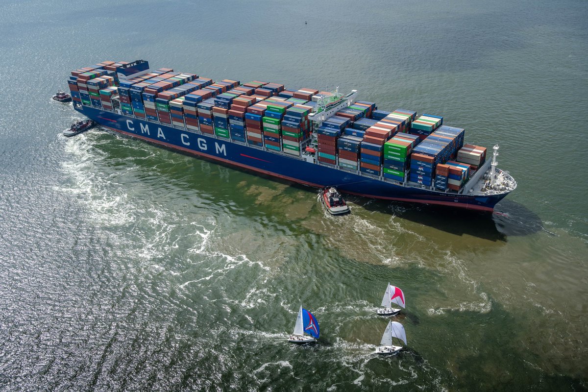PortofVirginia's tweet photo. After her long journey from Asia, the largest vessel to call on us will arrive tomorrow. This 15,000 TEU vessel has set an East Coast record in the U.S. and Canada. The @cmacgm Brazil's visit marks another important milestone for us. https://t.co/q7w37JRJ6W