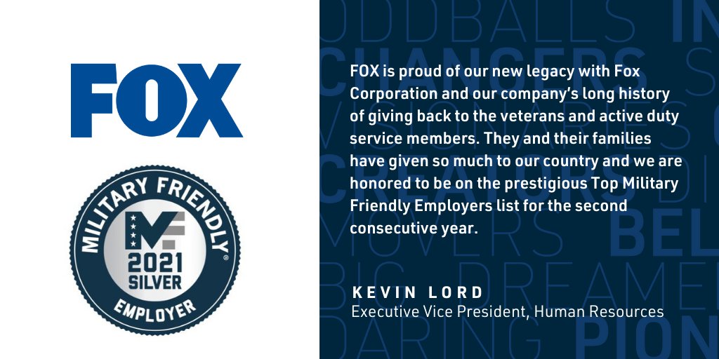 FoxCareers's tweet photo. Fox Corporation has been designated as a 2021 Military Friendly Employer by the Military Friendly Employers list. 🙌

Link: https://t.co/4W4qRAKQuQ https://t.co/4KUPX9Ngkx