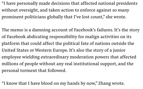 CraigSilverman's tweet photo. This is the most explosive internal Facebook doc I've seen. Over the past 3 years, a junior data scientist with a talent for spotting fake accounts often found herself alone in trying to stop political manipulation in Honduras, Azerbaijan, and elsewhere. She was recently fired. https://t.co/37X6N3ciEw