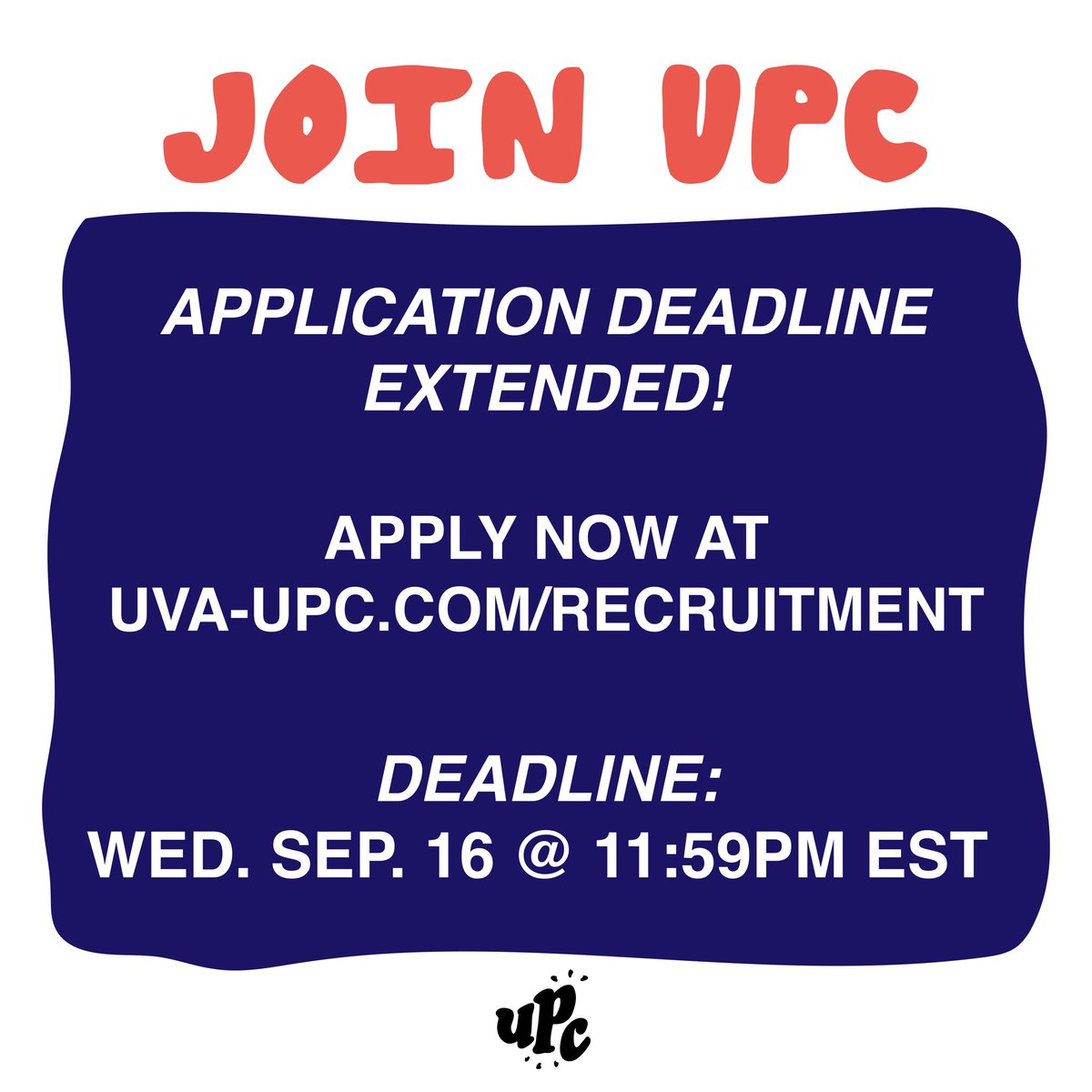 uvaupc's tweet photo. JOIN UPC!
APPS DUE THIS WED. SEP. 16 @ 11:59PM EST
➡️https://t.co/kWovaxYv9Y https://t.co/MxyGCriJlH