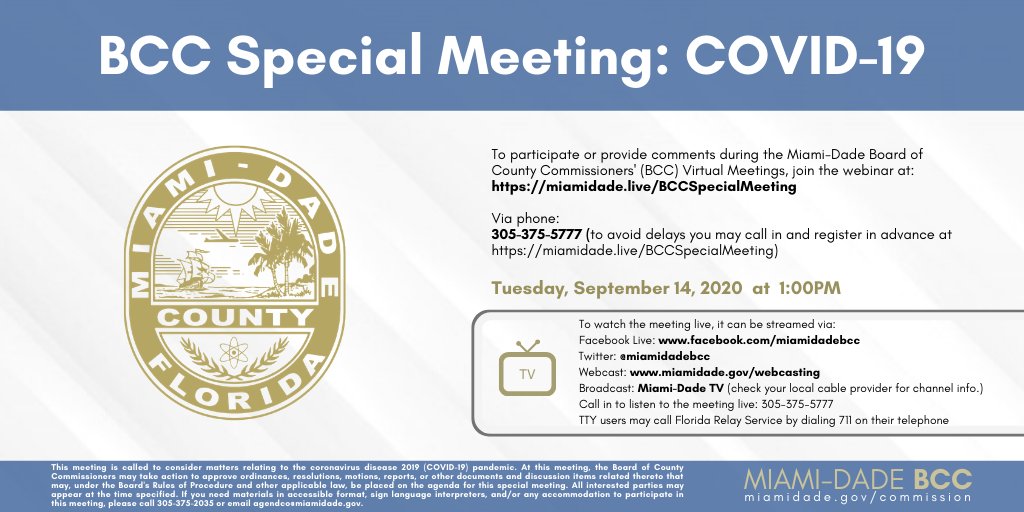Tune in to tomorrow at 1PM for our Special Meeting regarding  #COVID19. To participate or provide comments during the meeting, register in advance at  https://miamidade.live/BCCSpecialMeeting.Open this thread for more information.