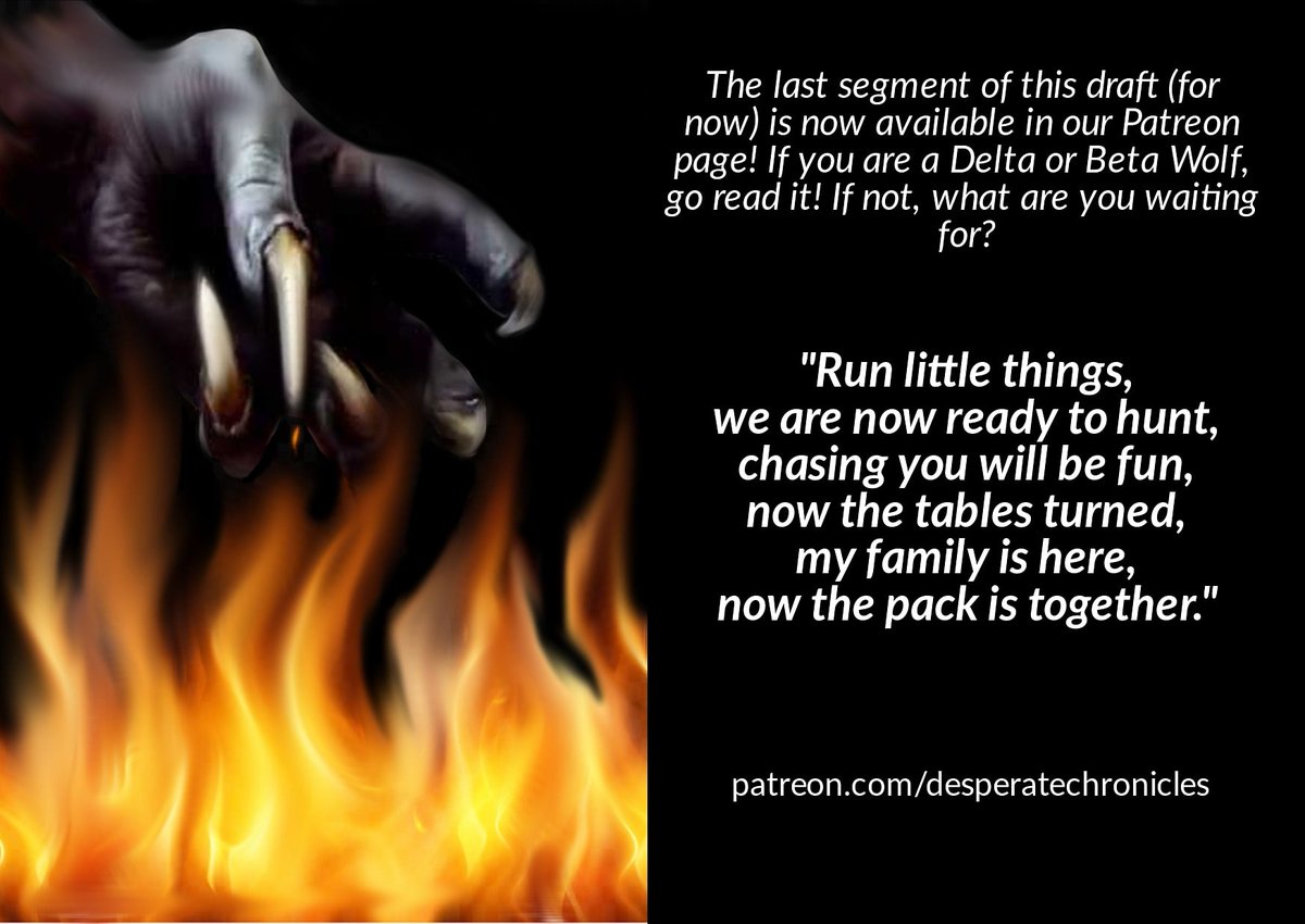 desperatechron's tweet photo. "Run little things,
we are now ready to hunt,
chasing you will be fun,
now the tables turned,
my family is here,
now the pack is together."
https://t.co/oH2Eyfk6z9
#desperatechronicles #corsonlucifuge #pyromaniacwerewolf #pyrowolf #islandescape #wolf #werewolf #predatorofmen https://t.co/IZU0Kf8n1X