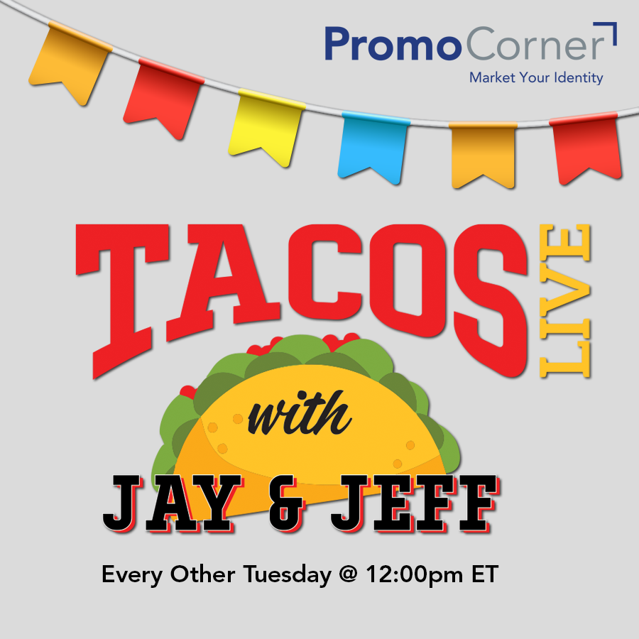 JayBusselle's tweet photo. Thanks to @promocorner Jeff and I will be live tomorrow, 12 noon ET. LIVE!!
"You know.... it's that thing the kids are doing on the Facebook."
Visit the PromoCorner Facebook page and share in the fun. We're talking epic branding & killer marketing.
#TacosUp #TacosLive #swag https://t.co/tvqzRTXCT4