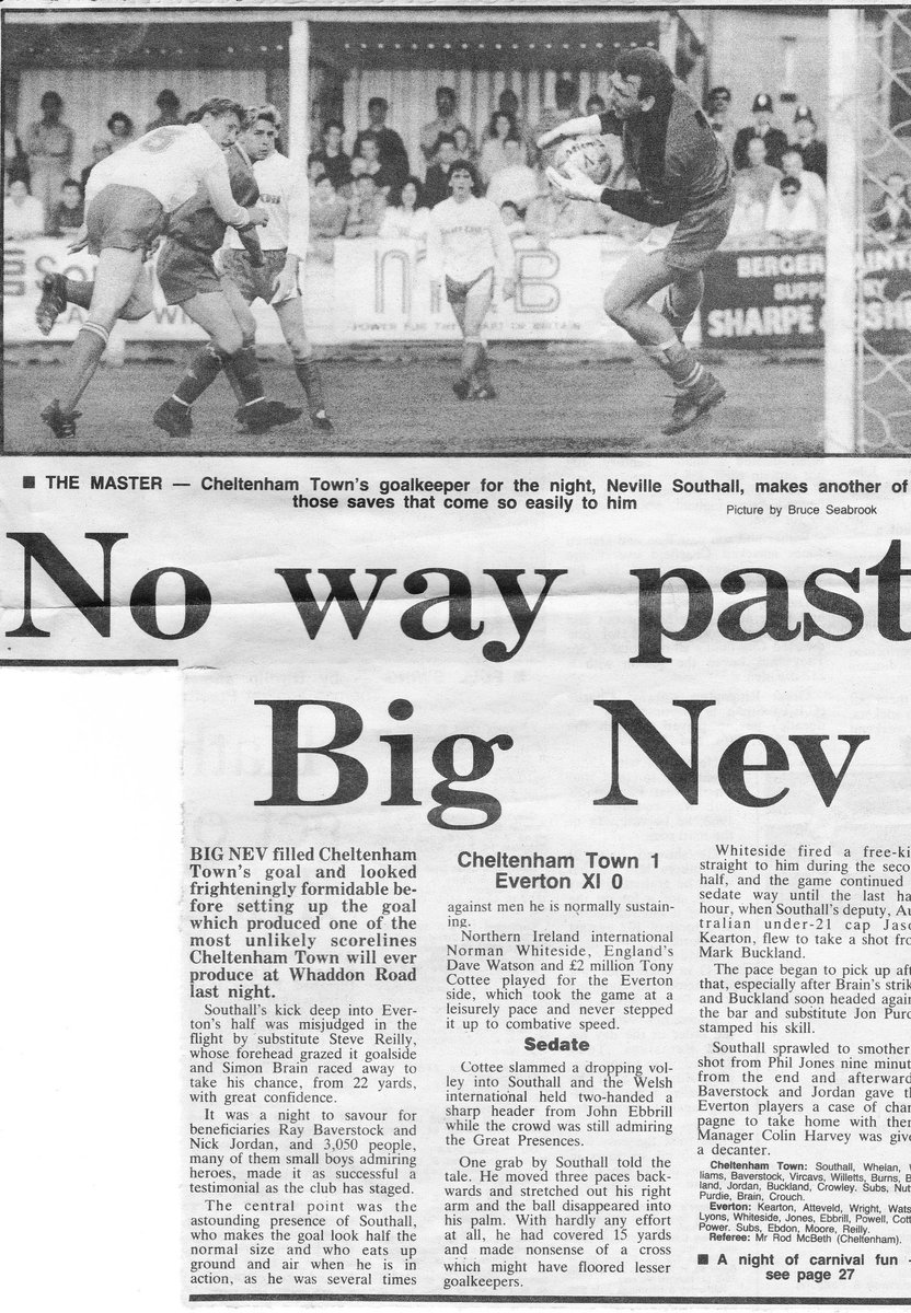 #86 Cheltenham Town 1-0 EFC - Apr 30, 1990. EFC’s first friendly match of the 1990s saw them face Cheltenham Town in a joint testimonial for the Robins duo, Nick Jordan and Ray Baverstock. Cheltenham won 1-0 but the match is unique for  @NevilleSouthall playing for Cheltenham!