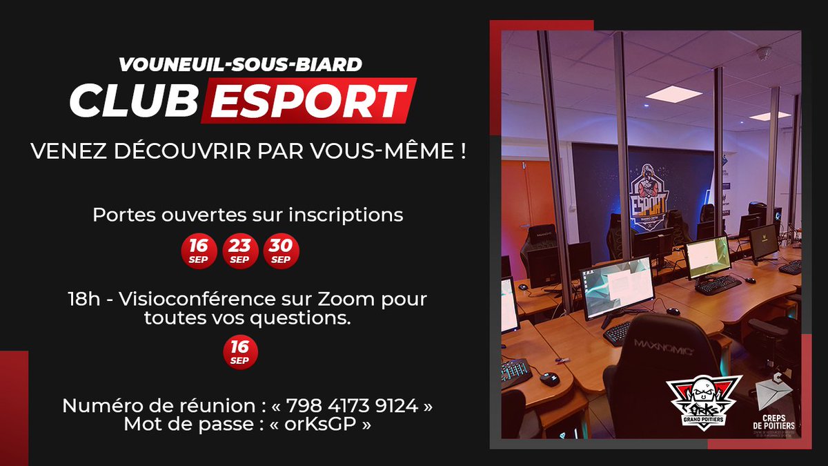 Vous voulez que votre enfant pratique l'esport de manière hebdomadaire, encadrée et responsable ? 🤔

Venez découvrir le club esport de Vouneuil-sous-Biard en partenariat avec @Grand_Poitiers et <a href="/CREPS86/">CREPS de Poitiers</a> ! 💪

🖊️Portes ouvertes : forms.gle/sGRF3hHi8ZL1DN…