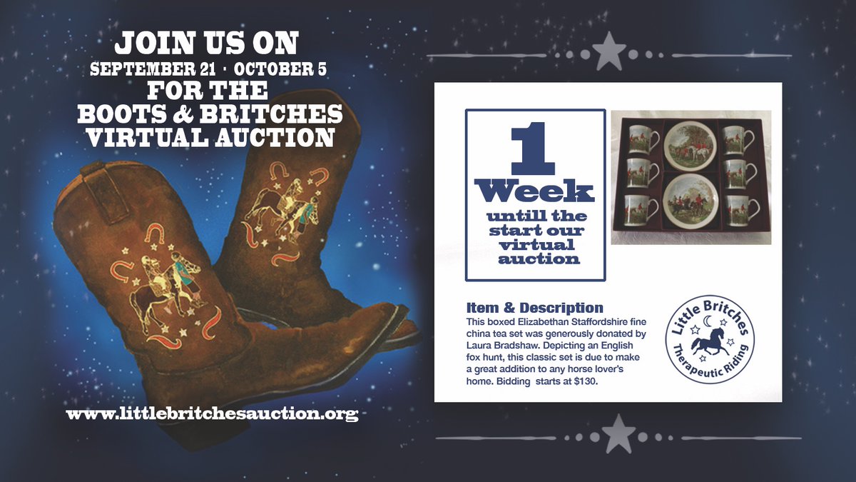 LittleBCT's tweet photo. Our virtual auction starts in one week! Today’s featured item is this Elizabethan Staffordshire fine china tea set that was donated by Laura Bradshaw. Depicting an English fox hunt, this classic set will make a great addition to any horse lover’s home. The bidding starts at $130. https://t.co/WuEVCgJy9z