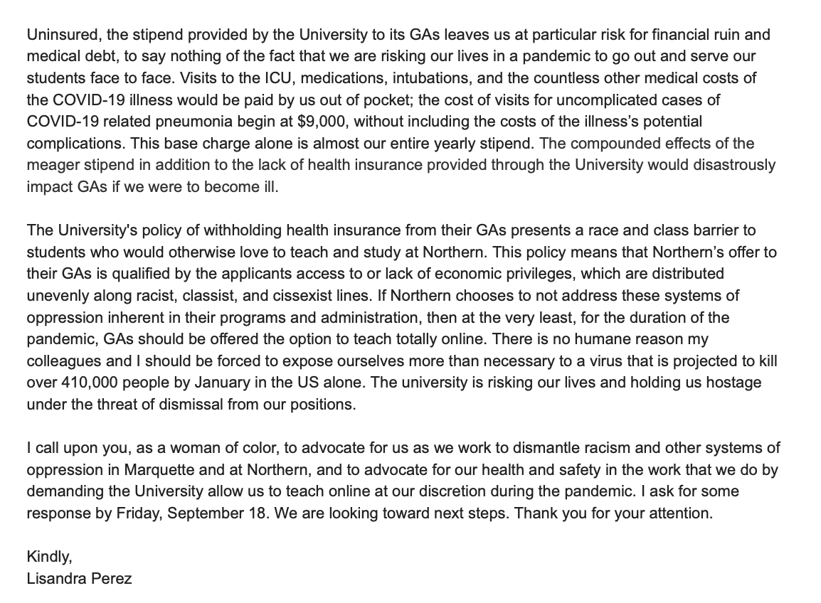 perezlisandra_'s tweet photo. .@dmurraybrown As an unprotected Latinx Graduate Assistant and student at Northern Michigan University, I urge you, Dr. Murray-Brown, as a member of the Board of Trustees, to listen to our concerns mentioned in the letter below. https://t.co/lvnOmoquLp