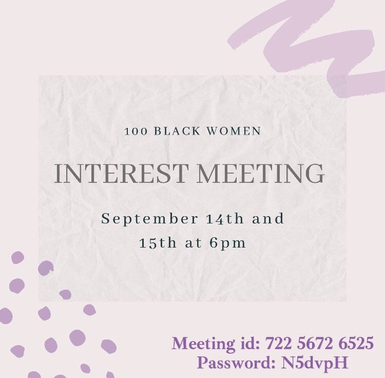 100BW_UNCC's tweet photo. Are you interested in being apart of 100 Black Women?! If so, join us at our virtual Interest Meeting TONGITH and TOMORROW at 6pm ❗️🖥 Learn more about our org and how you can join 💜 See you there ladies💜 #100BW https://t.co/5vzQftrnXJ