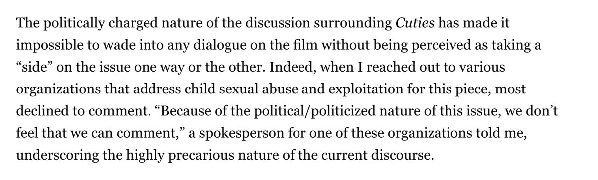 I reached out to a number of orgs that help child sexual abuse survivors. They were wary of going on the record for fear of becoming a target. This is how much the discourse has been weaponized: *organizations devoted to helping real-world survivors* are wary of speaking out.