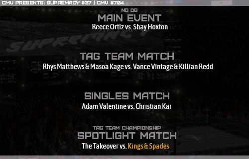 OfficialCMV_'s tweet photo. It's the go home edition of Supremacy before Absolution and it's STACKED! Tailcoat Val lets loose her most recent test subject, Reece Ortiz, to take on Shay Hoxton in the main event NO DQ!!! Plus, the CMV Unified World Tag Team championship is defended and much more! #CMV https://t.co/W813j573Zq