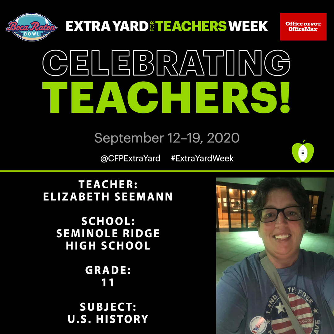 Our <a href="/CFPExtraYard/">College Football Playoff (CFP) Foundation</a> Week is Presented by <a href="/officedepot/">Office Depot</a> <a href="/OfficeMax/">OfficeMax Inc.</a>! Congrats to Elizabeth Seemann choosen from <a href="/SRHSHawks/">Seminole Ridge HS</a> -"Few teachers can match her energy/passion in the classroom &amp; her desire to share her love of History with her students."  🍏👩‍🏫

#CFPExtraYard #ExtraYardWeek