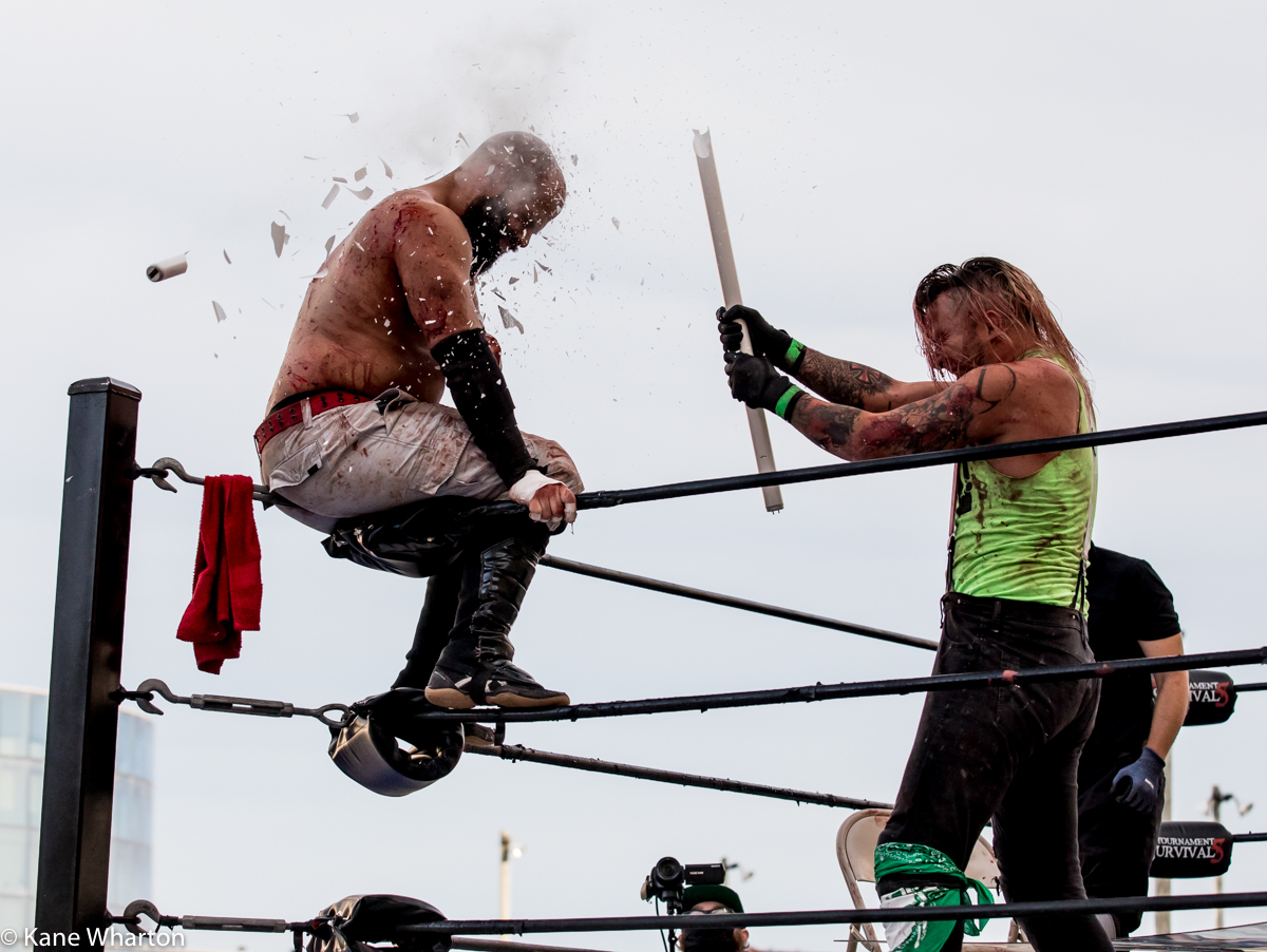 Kane_B13's tweet photo. More from @GCWrestling_ #tournamentofsurvival 5 - @alexcolon0139 vs @Atticus_Cogar #gcwtos5 #gcw #deathmatch https://t.co/5FoYWHpA3V
