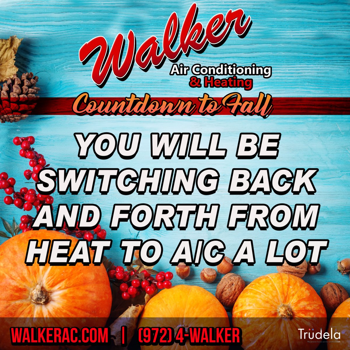 WalkerACHeating's tweet photo. The #CountdownToFall is here.  With our local climate, things can get crazy. You are likely to run your #Heater and your #AirConditioner within the same 24 hour period. Now is a good time to get a check up, or schedule your maintenance. We will take wonderful care of you! https://t.co/IoJgJKSjKs