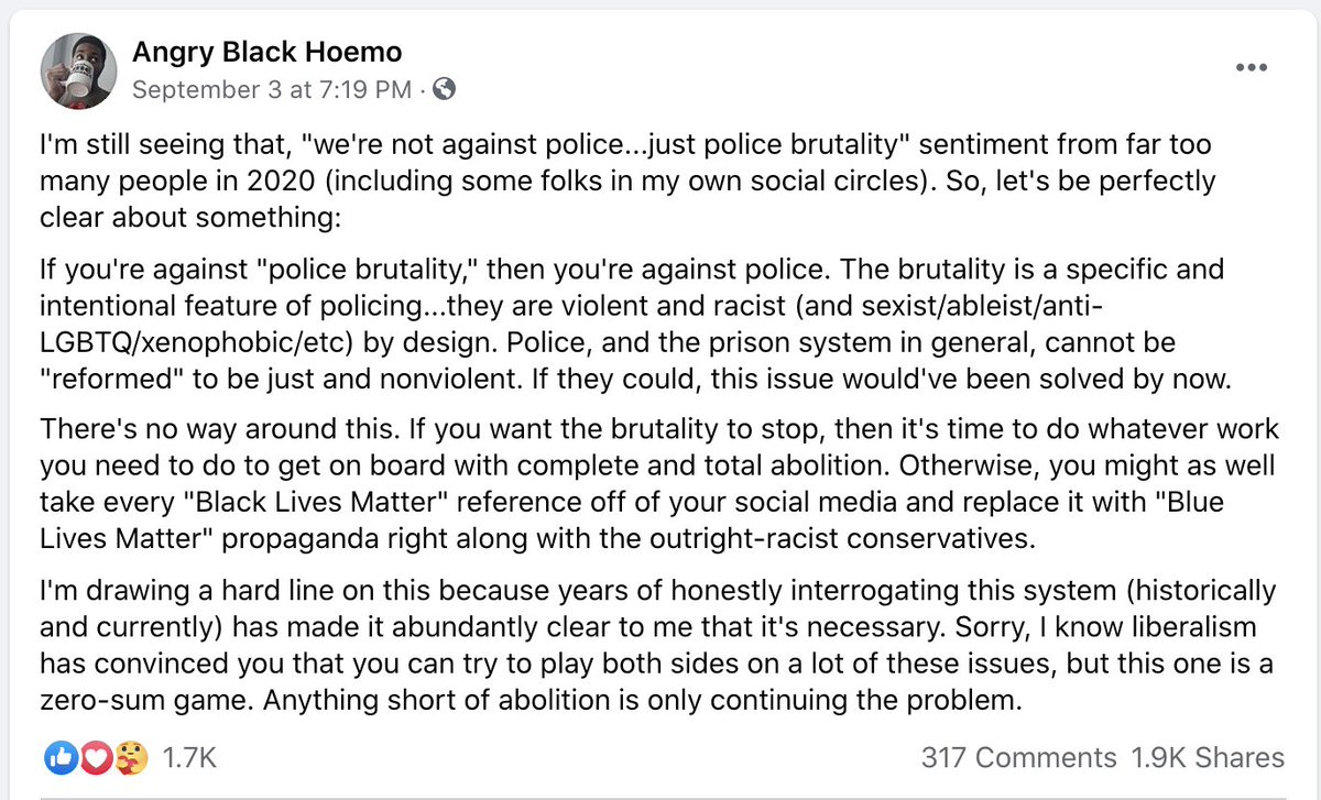 Since this thread has gotten a lot of attention, I wanted to go ahead & finish it w/ a concrete example of what I'm talking about. This viral FB post & the comments, plus me trying to engage around it on FB, is partly what inspired this thread.  https://www.facebook.com/angryblackhoemo/posts/2014346405365295