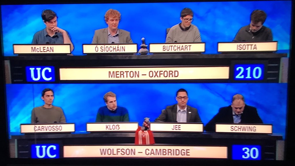 bluntphil's tweet photo. Wolfson getting an absolute kicking here. This would never have happened on the @e_monkman watch #Monkman #UniversityChallenge https://t.co/CulhQN0Ick
