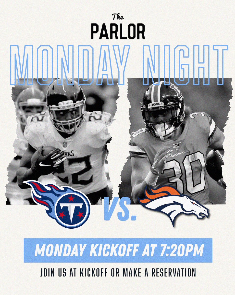 What better way to wrap up week 1 of the <a href="/nfl/">NFL</a> season than with a Monday Night Football double header! 🏈

<a href="/steelers/">Pittsburgh Steelers</a> vs @nygiants at 4:10pm
<a href="/titans/">Tennessee Titans</a> vs <a href="/broncos/">Denver Broncos</a> at 7:20pm

Email us at contact@theparlorca.com to make a reservation.