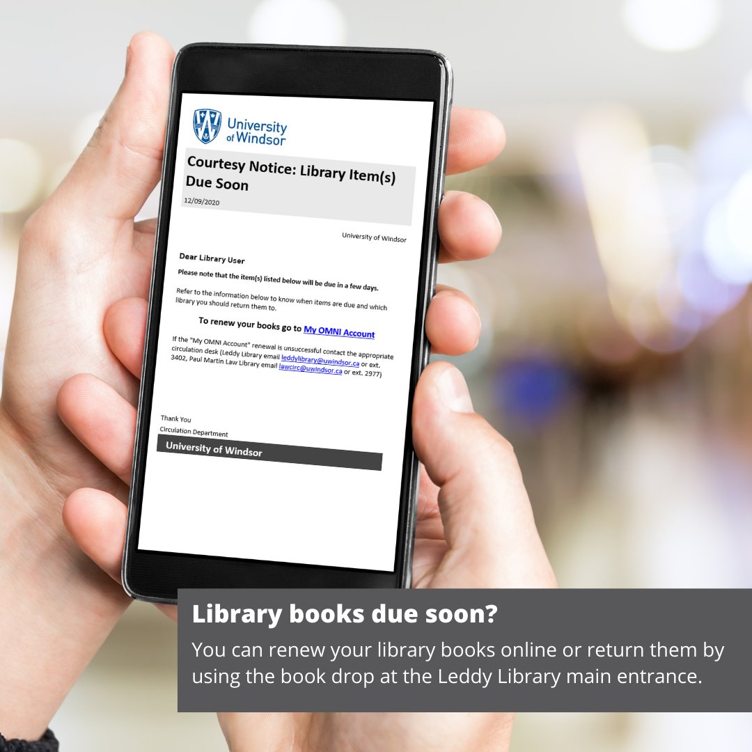 LeddyLibrary's tweet photo. Are your library books due soon? You can renew your loans online or return them to the book drop at the Leddy Library main entrance. For more information visit our website: https://t.co/LrKp8W2L4q https://t.co/wbYWt3a33S