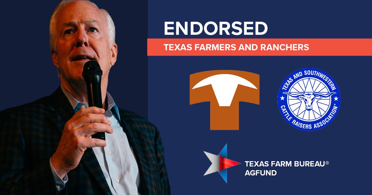 Sen. <a href="/JohnCornyn/">Senator John Cornyn</a> is proud to have the endorsement of Texas farmers, ranchers and land owners. <a href="/TexasFarmBureau/">Texas Farm Bureau</a> + Texas and Southwestern Cattle Raisers Association + Texas Cattle Feeders Association

johncornyn.com/texas-farmers-…
