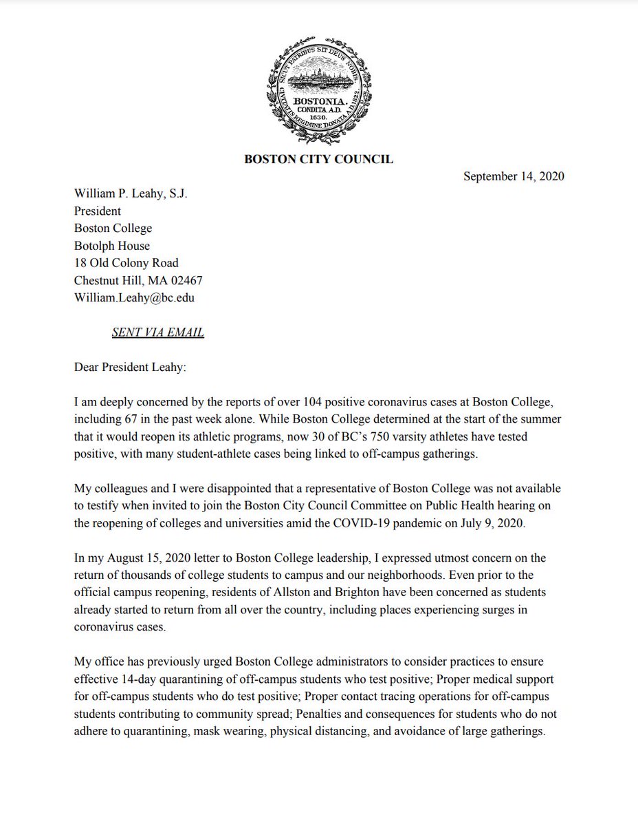 LizBreadon's tweet photo. Today I sent a letter to the President of @BostonCollege  expressing deep concern for BC's COVID response. 

It's great that our colleges &amp; universities rank among @USNews' top schools in the country, but how would @NIAIDNews rank their COVID-19 responses? BC cases are rising. https://t.co/IU6FiWK1sT