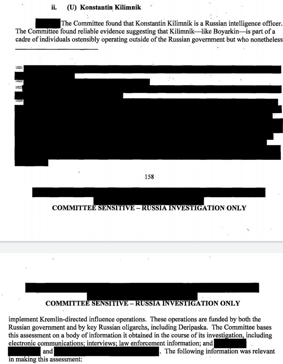 6/ According to SSCI's Vol. 5 on Russia, Kilimnik and Boyarkin are Russian Intelligence Officers, never divulging how the US obtained their communications. I surmise these are Brennan's Russian Officials, and the SSCI labeled them so, unlike Mueller, to justify any pre-CH spying.