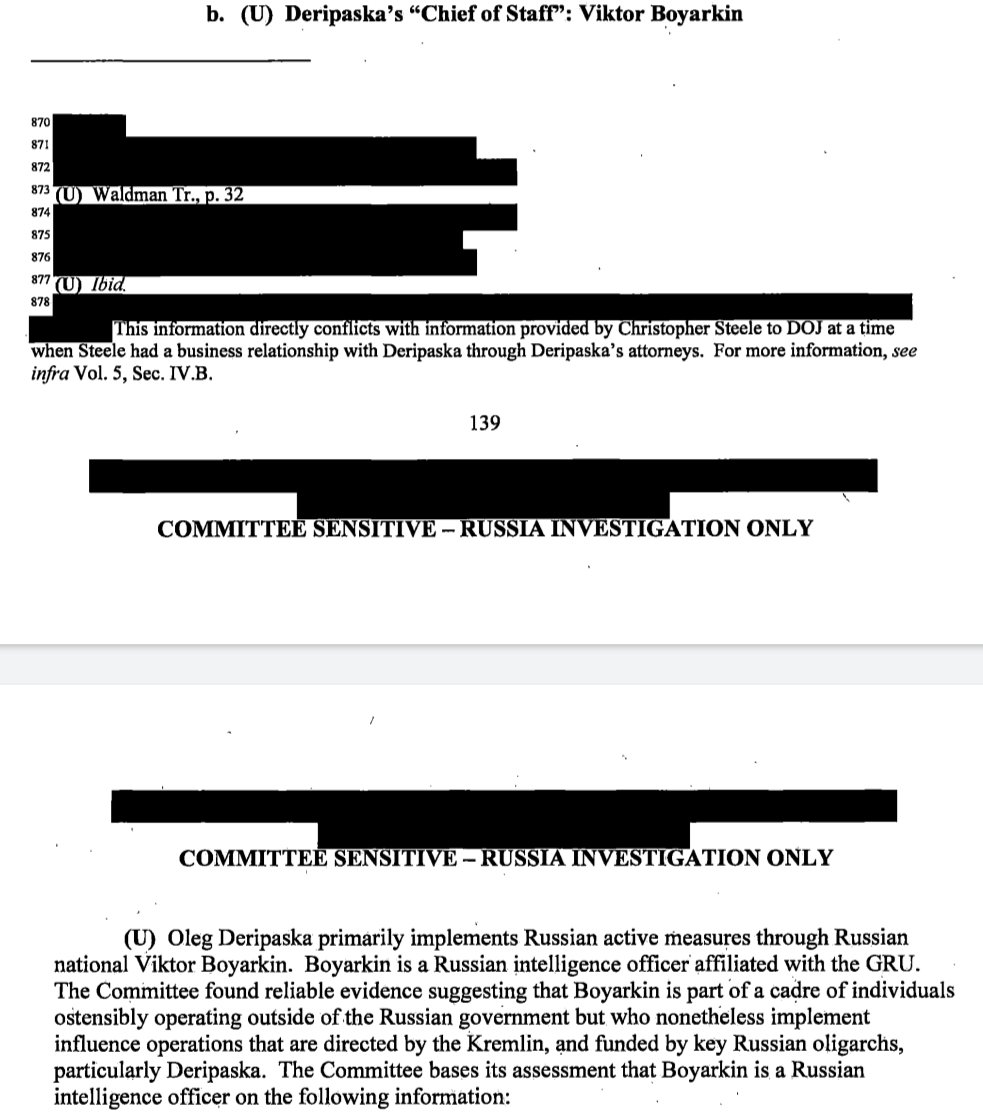 6/ According to SSCI's Vol. 5 on Russia, Kilimnik and Boyarkin are Russian Intelligence Officers, never divulging how the US obtained their communications. I surmise these are Brennan's Russian Officials, and the SSCI labeled them so, unlike Mueller, to justify any pre-CH spying.