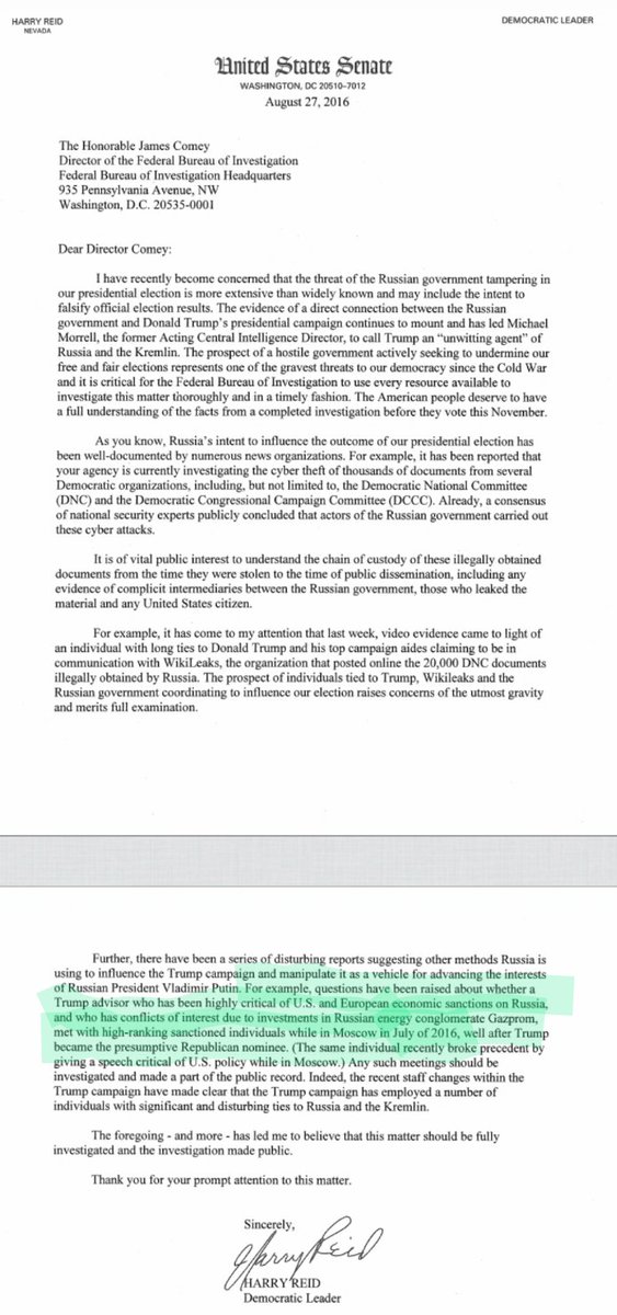 10/ Given Brennan briefed Harry Reid on August 25, 2016, and 2 days later Reid sent a letter to  @Comey with information from the dossier, it is likely that Brennan perjured himself to HPSCI regarding foreknowledge of the Steele Dossier.  https://www.nytimes.com/2017/04/06/us/trump-russia-cia-john-brennan.html